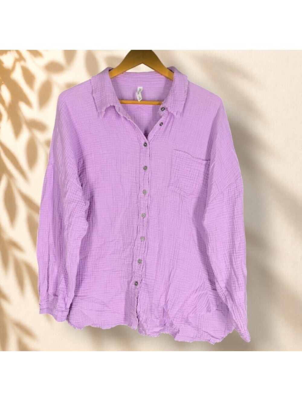 Zenana Shirt Women L Large Purple Button Up Collared Long Sleeve Pockets Cotton
